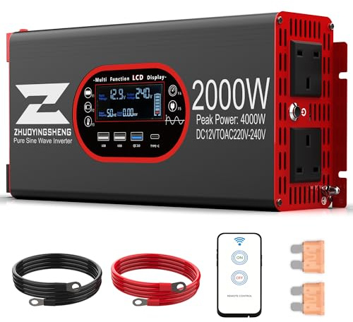 2000W/4000W Pure Sine Wave Inverter 12V to 240V AC Car Power inverter with LCD Display, 2 AC Outputs, and USB Port for RVs, Trucks, Boats, Camping, Home Use, and Vans, with Remote Control Function