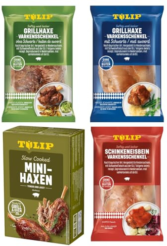 TULIP Grillhaxe mit Schwarte + ohne Schwarte + Schinkeneisbein + Mini-Haxe | Ungekühlt haltbar - Vakuumverpackt | Haxe mit Schwarte 600g + Haxe ohne Schwarte 500g + Schinkeneisbein 600g + Mini-Haxe 500g