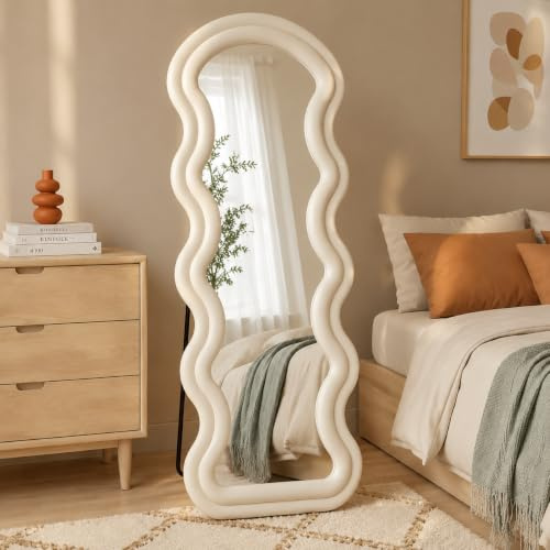 Clevich Wavy Full Length Mirror 160x60cm, Floor Free Standing Mirror with Stand, Wall Mounted, Ivory White Flannel Frame, HD Shatterproof Nano Glass, for Bedroom Living Room