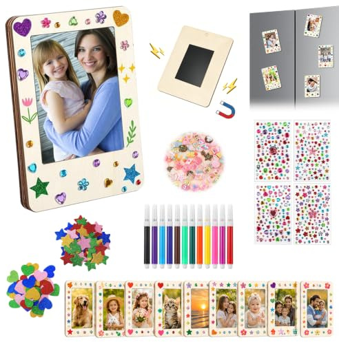 12 Stück Magnetische Bilderrahmen Holz, Mini Magnet Bilderrahmen Holz | Kühlschrankmagnete Bastelset, mit Stift & Glitzersteinen Passend, für Kühlschrank, Geburtstage, Hochzeit, 9.5x6.5 cm