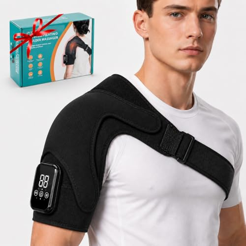 Masseur Épaule Chauffant 2500mAh, Orthèse Épaule à Vibration, Noir | 3 vibrations, 3 niveaux de chaleur, orthèse ergonomique, charge USB-C rapide, tissu OK respirant.