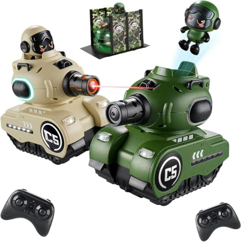 7JI 2 Piezas Teledirigido Tanques de Combate, Muñeca Eyección Coche Juguete | 2.4 GHZ Control Remoto de Infrarrojo Tanques Combate con Luz Led y Música, RC Batalla Carro Cisterna para 6+ Años Niños/Niñas