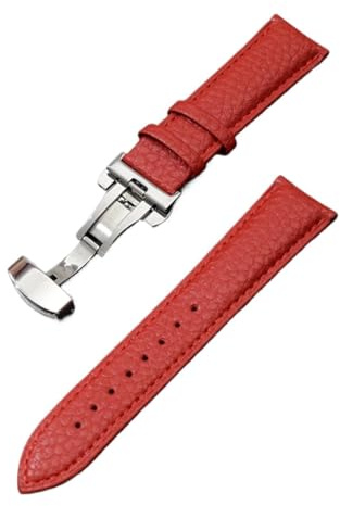 yingyingjia Kalvskinnsarmband Litchi Grain-rem Klocktillbehör 18/20/22/24 mm Armband i äkta läder med fjärilsspänne(Red,18mm)