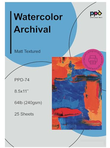 PPD Watercolor Printer & Printable Fine Art Paper for Inkjet Printer, Textured Giclee Archival Acid Free Paper 8.5 x 11, Professional Grade, Heavyweight 240 gsm/64 lb (25 Sheets)`