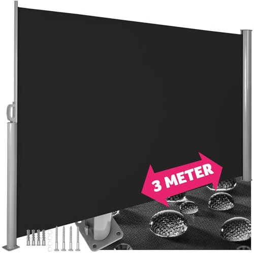 tectake blickdichte Aluminium Seitenmarkise, Wind- und Sichtschutz für Balkon, Garten und Terrasse, ausziehbare Markise für einen Balkon Sichtschutz- 180 x 300 cm, schwarz