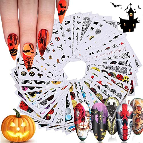 Kalolary 48 Piezas Halloween Pegatinas Uñas al Agua Decorativas Flores Pegatinas Transferencia Agua Calcomanías Uñas Etiquetas Engomadas para DIY Decoración de Arte de Uñas Patrón