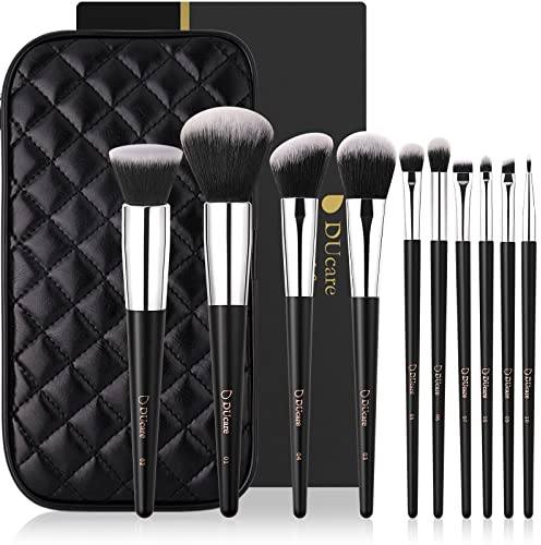 DUcare Makeup Borste Set 10 delar Professionell Makeup Borste Set med kosmetikapåse Premium syntetisk foundation borste pulver kontur ögonborste med påse Resevänlig