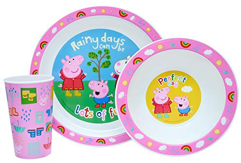 Peppa Pig Perfect Day - Set da tavola per bambini, 3 pezzi, con piatto, ciotola e tazza in polipropilene riutilizzabile, per peppa, George e bicchieri per i pasti, dai 24 mesi in su, in plastica