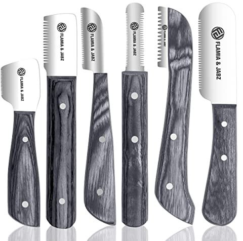 FJ Professional Stripping Knife kit (6 pieces set) for Dogs & Pets, Wooden Handle Grip with Stainless Steel Blade (Right handed) (Black)