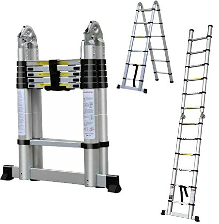 Jupitor Aluminum Telescoping Ladder A-Frame 2 in 1 Versatile Ladder - 6 FT Herringbone or 12FT Standard, Multi-Purpose Folding Ladder for Home, Roof, Rv with Stabilizer Bar
