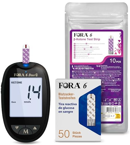 FORA Duo 2-in-1 (Blutzucker, Keton) Bluetooth Blutzuckermessgerät mit 60 Blutzucker-Teststreifen und 10 Keton-Teststreifen