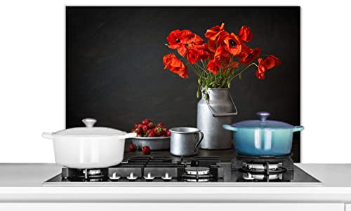 Credence Nature morte - Coquelicots - Pot à lait Fond de hotte 80x55 cm Credence aluminium Plaque inox de cuisine
