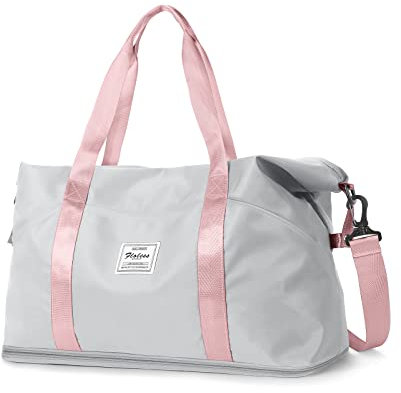 Reisetasche Damen Sporttasche 40x30x20 Ryanair Handgepäck Tasche Weekender Bag Schwimmtasche Wasserdicht Travel Bag Duffle Bag Fitnesstasche Trainingstasche Frauen für Reise Gym,Grau Rosa