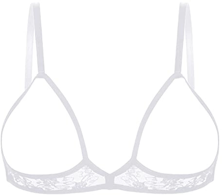 iiniim Sujetador Encaje sin Aros Mujer Sexy Sujetador Pecho Abierto Lencería Picardías Erótica Transparente Lace Bra Bralette con Huecos Volantes Blanco B XXL