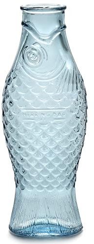 Glass Water Carafe | Paola Navone Fish & Fish Collection | Jug 850 ml | Blue Clear Drinks Bottle | Suitable as a Vase