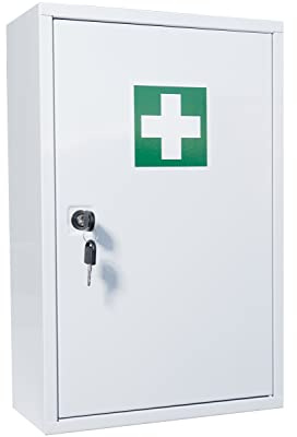 HierBeiDir Erste Hilfe Verbandschrank (leer), Medizinschrank mit 3 Fächern, Sicherheitsschloss – aus Metall, Maß: 46 x 30 x 14 cm – groß, robust & kompakt - Erste Hilfe Schrank zum Aufhängen