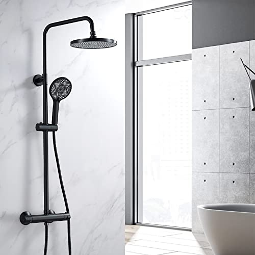 NewEast Thermostat Shower System, Black Adjustable 9 Overhead Rainfall Shower Head, Handheld Shower Head 38 °C Thermostatic Shower Mixer Set