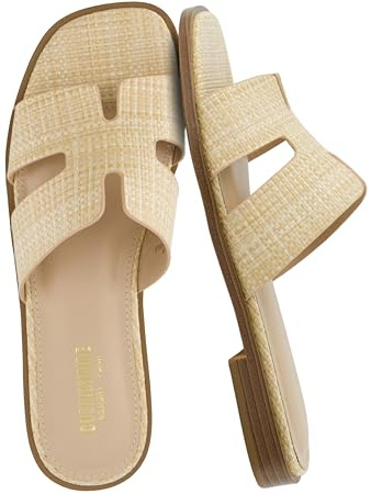 CUSHIONAIRE Voyage Cutout Strap Slides for Women, Slip On Summer Flats, Trendy Footwear, Comfortable Vacation Style Sandals for Women 2026, TAN 11W