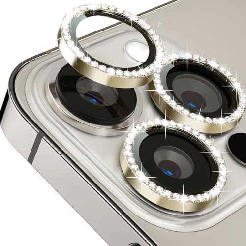 Design for iPhone 15 Pro 6.1/iPhone 15 Pro Max 6.7 Camera Lens Protector Bling,ICARERFAMILY Ultra HD Clear Tempered Glass Diamond Camera Lens Protection Cover, [Case Friendly] Scratch Proof - Gold