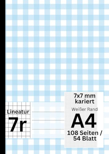 XXL Schulheft - 108 Seiten / 54 Blatt, 7x7 mm kariert, weißer breiter Rand, A4, Lineatur 7r: Geeignet als Matheheft, Schreibheft, Übungsheft - Hellblaues Karo Design