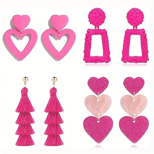Juego de Pendientes Rosas Bohemios Largos Borla Pendientes Colgantes Geométrico Statement Pendientes de Gota de Corazón Rosa Brillante para Niña y Mujer