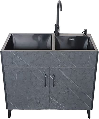 Waschbecken für zu Hause, Küchenspülen, Küchenspüle, schwarzes freistehendes Edelstahl-Waschbecken, Händewaschen mit 2 Fächern, Wasserhahn und Entwässerungsset, für Waschküche, Hauswirtschaf