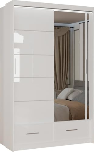 MN Furniture Derry High Gloss & Mirror Sliding Doors Wardrobe with Long Led Light and Bottom Drawers (White, 150cm)