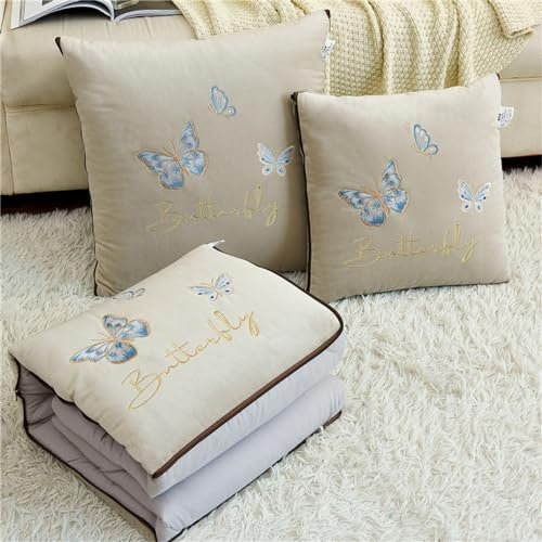 Hixingo Reisedecke und Kissen 2 in 1, Reisedecke mit Kissen Set Multifunktionale Reise Decke und Kissen 2 in 1 Weichem Flugzeug Verwandlungskissen für Urlaub, Camping (50 * 50cm,Schmetterling Beige)