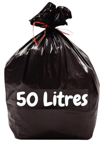 Müllbeutel, 50 l, 100 schwarze PE-Müllbeutel (2 Rollen mit je 50 Beutel) | robust und wasserdicht (14 µ) | Mülleimer für Küche – Büro | Verschluss mit Bindeband | 100 % recycelbar | hoher Müllbeutel