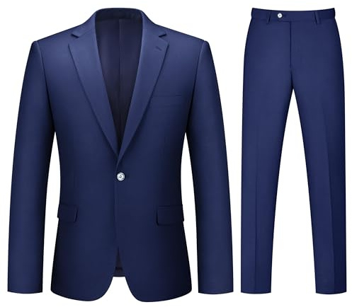 LORENZO BRUNO Mens Suit 2 Piece Blue Suits for Men One Button Slim Fit Solid Jacket & Pants Tuxedo Set Business Wedding Party, Navy Blue, M