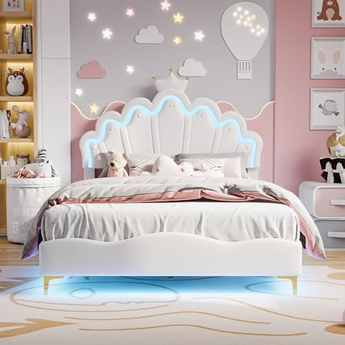ADFUNIT Kinderbett 140x200, Polsterbett Einzelbett für Mädchen, kronenförmiges Prinzessinnenbett, jugendbett mit weiche aus PU und Einstellbarer LED-Lichtleisten, Weiß (Ohne Matratze)