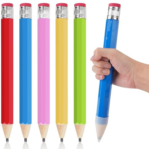 CRITIVE-S 5PCS Wooden Giant Pencil 34cm, Oversized Jumbo Pencils with Rubbers and Cap, Funny Large Pencils, Big Drawing Writing Painting Mark Pens for Prop Gifts Decor (Diameter 3cm)