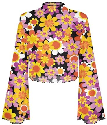POLERO Haut Y2K Bell pour Femmes à Manches Longues avec Bordure Laitue Chemise Blouse Col Montant en Maille Transparente Années 70, Fleurs hippie, L