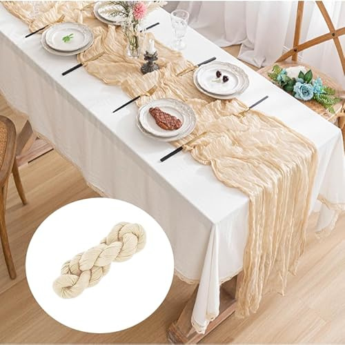 Rustikaler Tischläufer Gaze Stoff Beige 90 x 300 cm für Hochzeit, Brautparty, Geburtstagsfeier, Kuchen, Tischdekoration (1 Stück)