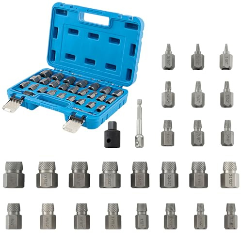 TANGZON 27PCS Screw Extractor Set Easy Out Bolt Remover Kit | Cr-Mo Steel Multi-Spline Extractors, 1/8-7/8 in Sizes, 3/8 in Drive, 2 Adapters, Blue Storage Case