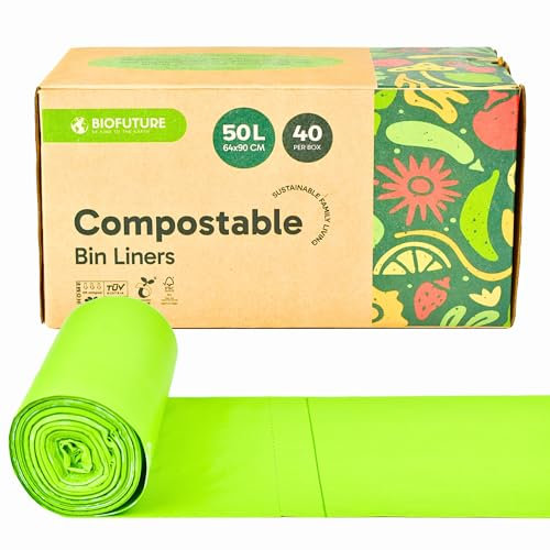 Biofuture 50L Biodegradable Bin Liners | Compostable Food Waste & Food Caddy Bags | EN13432 Certified Green Bin Bags for Food Waste & Recycling (40 Liners, 50L)