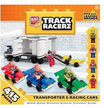 Block Tech Camión de Transporte con Coches de Carreras, Set de 4 Vehículos Coches de Juguete y 4 Figuras, 415 Piezas, Regalo para Niños