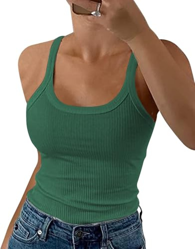 DUOEASE spagettitopp damer sommar 2025 ribbad rund hals tank topp basic enfärgad slim fit stretch top, Grön, S