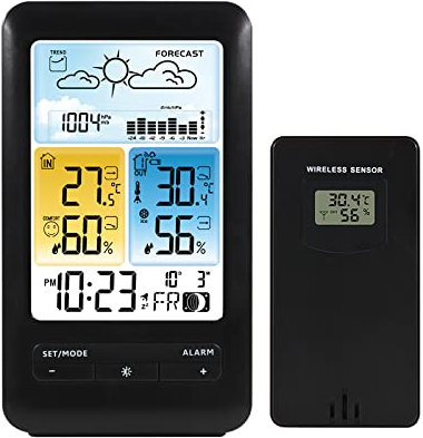 GZKDKZB Estación meteorológica, Reloj Despertador Digital inalámbrico con Pantalla LCD a Color, termómetro de Temperatura Interior y Exterior, Pantalla a Color y Puerto de Carga USB, pronó