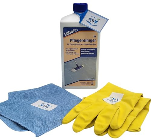 zbs24 Lithofin KF Pflegereiniger, regelmäßige Reinigung für allgemeine Verschmutzungen, auf keramischen Fliesen und Feinsteinzeug, inkl. Latex Handschuhe Gr. 8 und Microfasertuch 30x30cm (1 x 1 Liter)