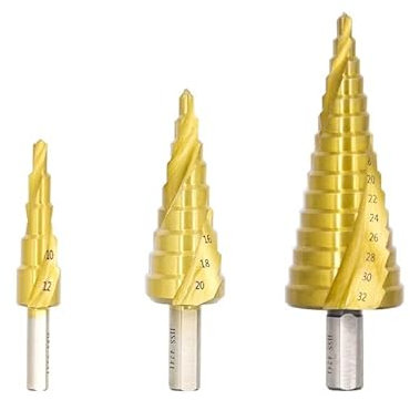 1/3pcs 4-12mm 4-20mm 4-32mm HSS Spiral Groove Step Drill Bit Set Titanium Coated Wood Metal Hole Stepped Core Drill Router Bits(3pcs Set Spiral)