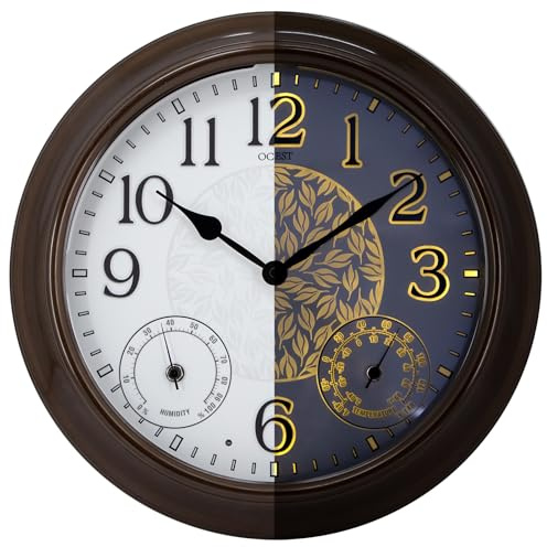 OCEST 15 Inch Illuminated Large Outdoor Clock Waterproof, Night Light Illuminated Wall Clocks with Smart LED Sensor, Temperature and Humidity Combo for Garden Patio Pool Garage (Metal)