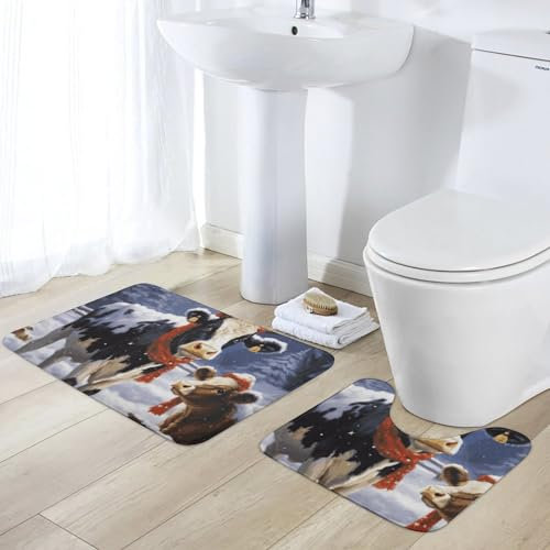 FZQVSGW Badteppich-Set mit weihnachtlichem Schneekuh-Design, weicher Korallensamt, rutschfeste PVC-Rückseite, WC-Vorleger, waschbar, saugfähig, Badezimmermatte für Dusche