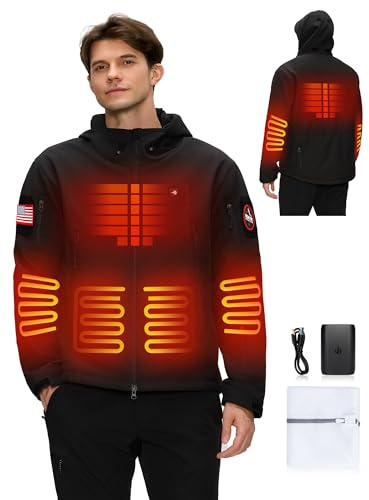 HEATIX Heated Jacket for Men with 12V Battery Pack, Winter Outdoor Soft Shell Electric Heating Coat with Foldable Hood, Black, M
