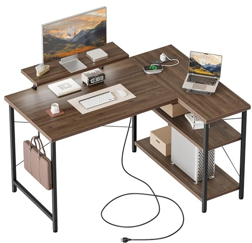 Mericonia Small L Shaped Computer Desk with Power Outlets, Reversible Gaming Desk with Storage Shelves & Monitor Stand, Corner Gamer Desk Table, Study Writing Table