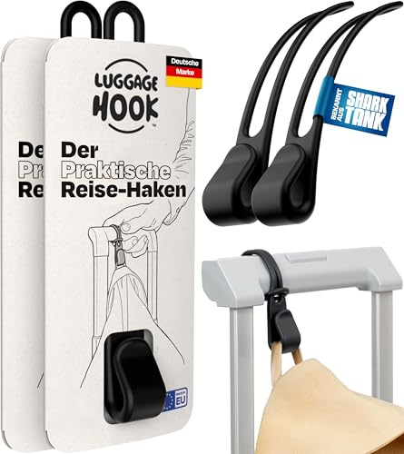 Luggage Hook Der Koffer Haken hält deine Reise Utensilien (2er Pack) - Reise Gadget für Flugzeug Reisen, Reisezubehör Flug Handgepäck, Cooles Reise Geschenk, 2 Kleiderhaken für Koffer (Schwarz)