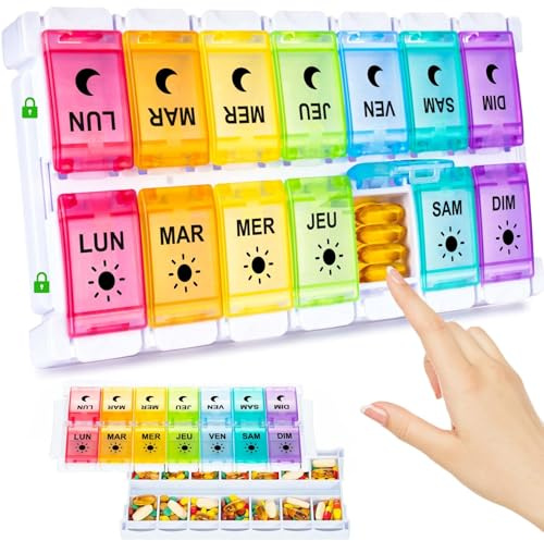 Yaklim Pilulier Semainier 7 Jours Matin Et Soir, 14 Compartiments | Ouverture Facile Par Bouton, Grande Capacité, Boîte À Médicaments Pour Comprimés, Vitamines Et Compléments (Multicolore)