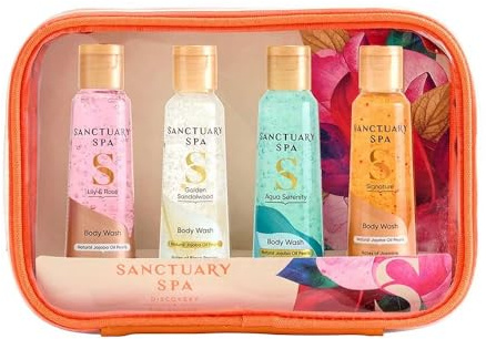 NEW Sanctuary's Body Wash Discovery Collection Set, 4 x 75ml, Aqua Serenity, Lily & Rose, Golden Sandalwood and Signature Fragrances