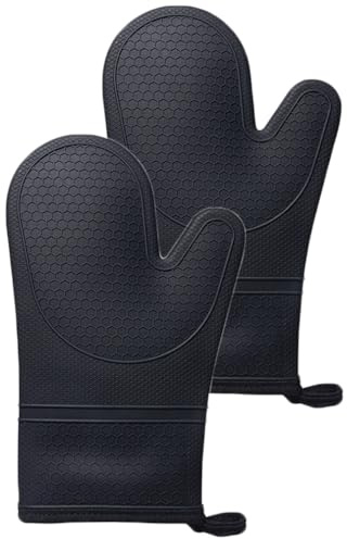 Oven Mitts,Anti-Slip Silicone Oven Gloves,Heat Resistant Gloves,Heat Resistant -40℃~230℃,Black Double Oven Gloves for Kitchen Cooking,Dessert Making,BBQ