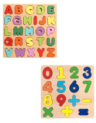 Holz Lernpuzzle Set für Kinder, Buchstaben A-Z und Zahlen 0-9 Steckpuzzle, Montessori Lernspielzeug ab 6 Jahren, 2-teilig